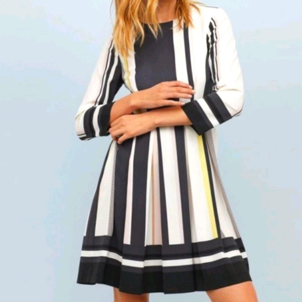 H&M NEW 3/4 sleeve vertical stripe crew neck dress size 8 Navy blue white NWT